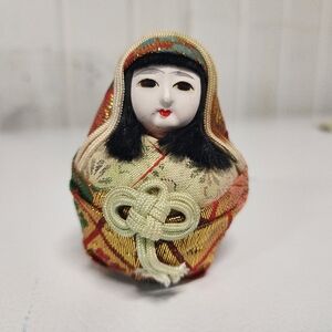 Handmade Collectible Japanese Doll with Red and Gold Kimono